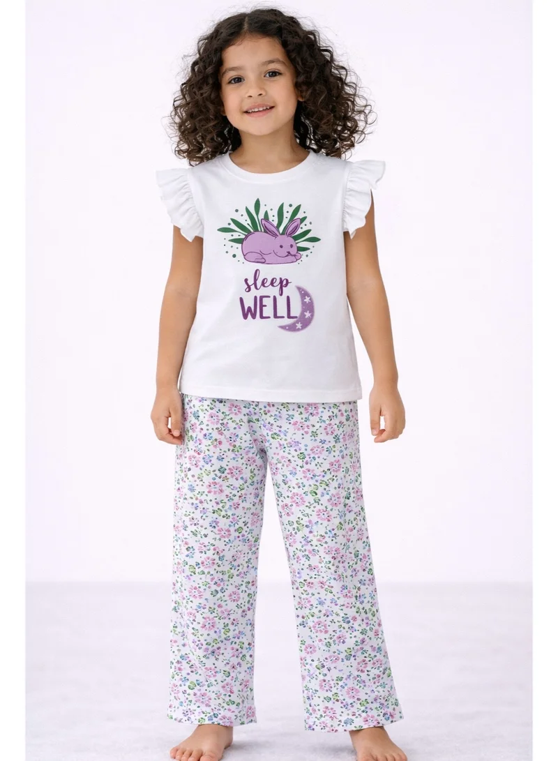 فكتور اند جين Girls’ Pajama Set – “Sleep Well” Frill Sleeve Top & Floral Print Pants